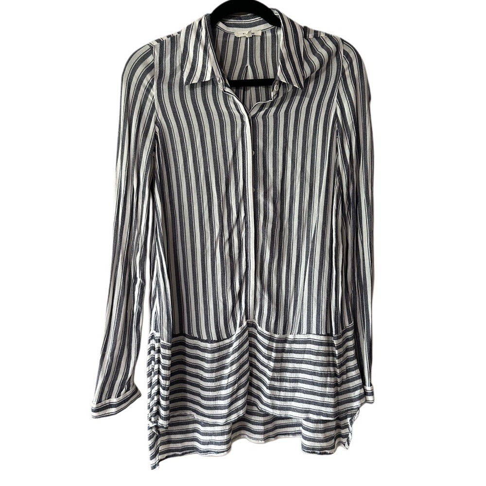Pleione XS Striped Tunic Blouse Button Up Long Sleeve